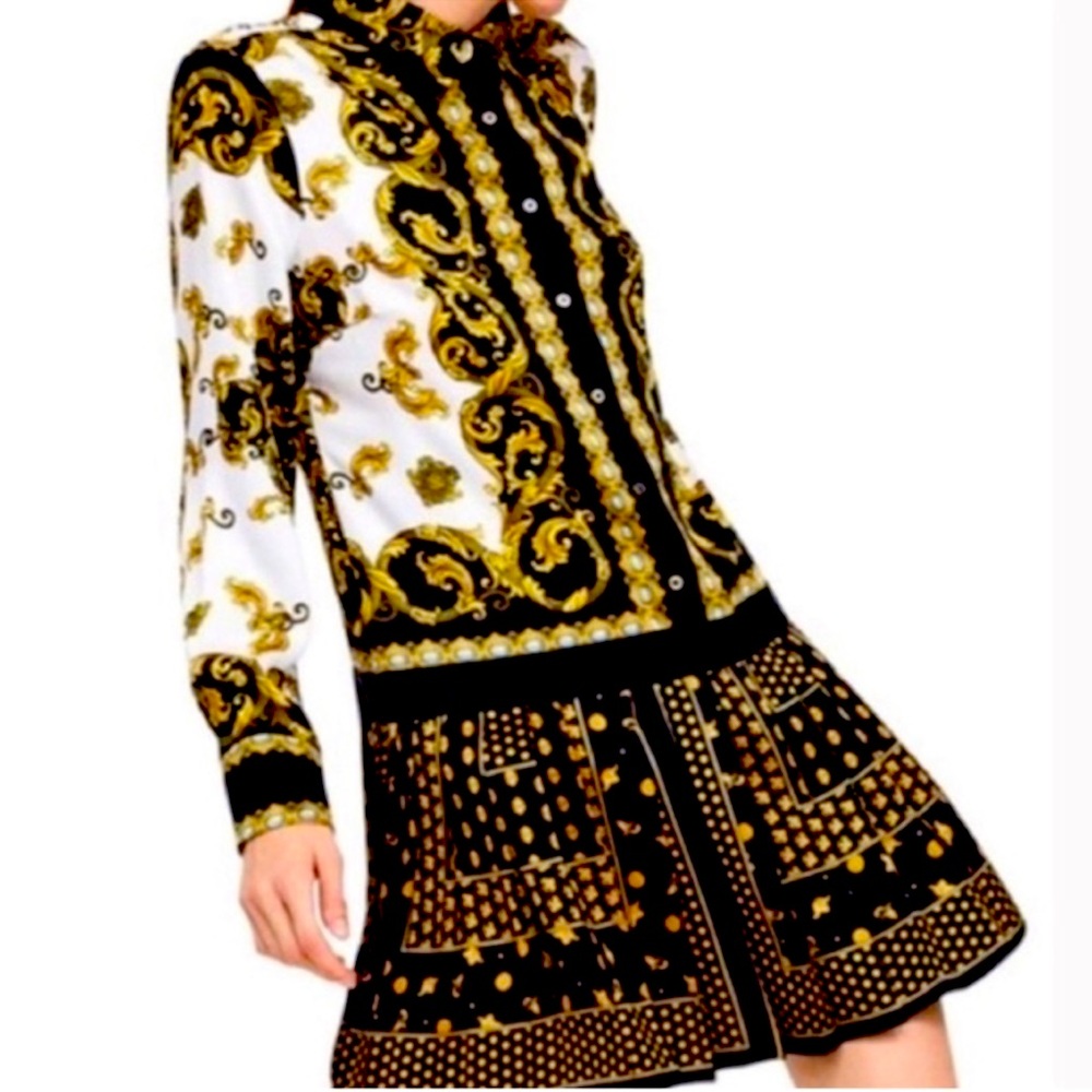 ZARA SHIRT COLLAR PRINTED DRESS w/
PLEATED SKIRT